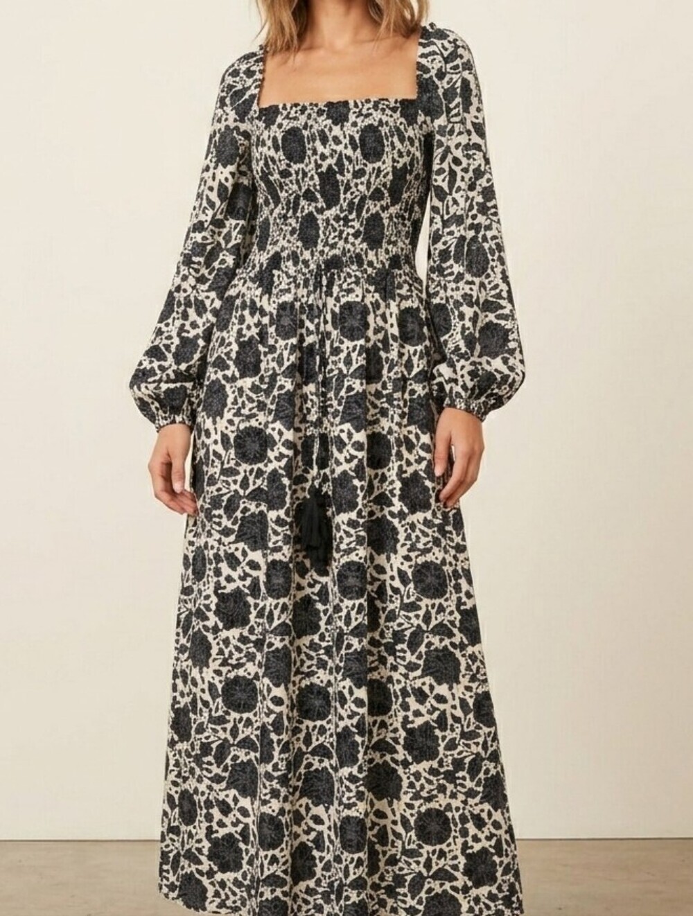 ET CETERA Woman Australian Silk Smocked Bodice Hand Printed Midi Dress OS.